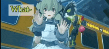 a girl with green hair is standing in front of a sign that says " what "