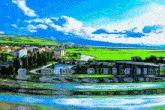 a painting of a city with a river and mountains behind it