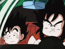 two cartoon characters are driving a car and one has an angry face on his face