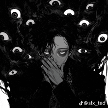 a black and white drawing of a man with many eyes and the hashtag sfx_ted