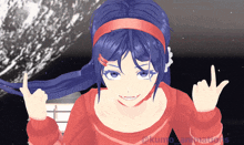 a girl with purple hair and a red headband is giving a rock sign