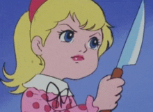 a cartoon girl is holding a large knife in her hand