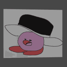 a drawing of kirby wearing a black hat with a white brim