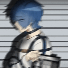 a blurry picture of a man with blue hair and a backpack