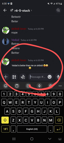 a screenshot of a phone with a keyboard and a circle around it that says r6-5-stack
