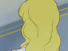 a woman with blonde hair and green eyes looks very serious