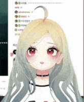 a girl with long blonde hair and red eyes