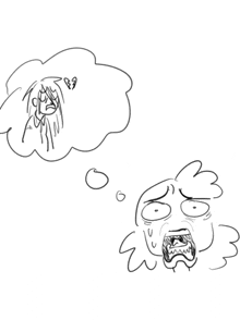 a black and white drawing of a cartoon character with a speech bubble that says " i love you "
