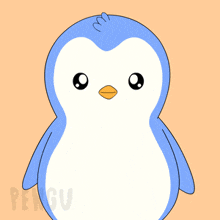 a blue and white penguin with a yellow beak and the word pengu on the bottom right