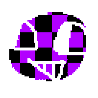 a pixel art of a purple and black checkered circle with a smiley face on it .