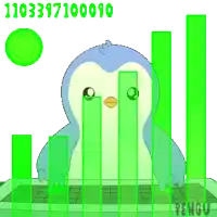 a penguin is sitting at a desk with a green bar graph behind him