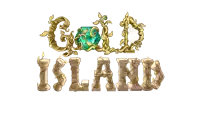 a logo for gold island with a green emerald in the middle