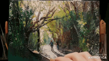 a painting of a couple walking through a forest is made in animatica