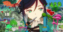 a picture of a girl smoking a bong with the words love is love