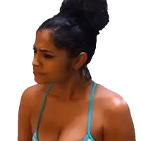 a woman with a bun on her head is wearing a bikini top