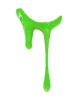 a green letter t is dripping on a white surface