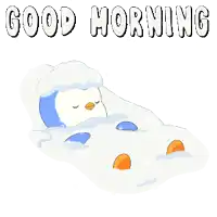 a penguin laying in the snow with the words good morning