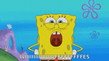 spongebob squarepants is making a funny face with his mouth wide open .