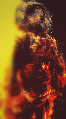 a painting of a person surrounded by fire