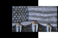 a painting of three men in suits and ties with an american flag in the background