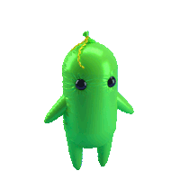 a green inflatable toy with a yellow string hanging from it