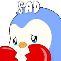 a sad penguin with a broken heart and the word sad on its head