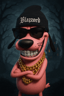 a pink cartoon dog wearing a black beanie that says blazzard