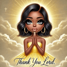 a cartoon girl in a yellow dress is praying with the words thank you lord written below her