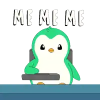 a green and white penguin sits in a chair with the words meme me above him