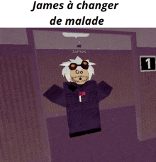 a cartoon character named james is standing in front of a door with the number 1 on it