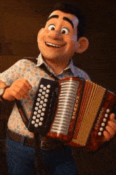 a cartoon man is playing an accordion that says hohner