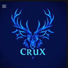 a blue deer head with the word crux on the bottom