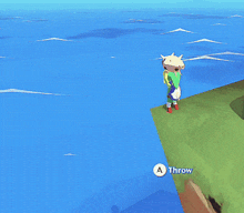 a person standing on a cliff with a throw button in the corner