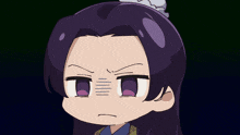 a close up of a cartoon character with purple hair and a yellow background