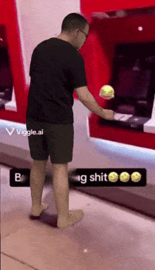 a man is throwing a tennis ball in front of an atm machine with the words " viggle.ai " on the bottom left