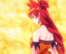 a girl with red hair and a rose in her hair is standing in front of a gold background .