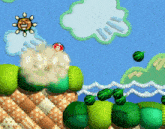 a video game scene with a sun and watermelons and a ball with the number 8 on it