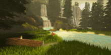 a waterfall in the middle of a forest with trees and grass