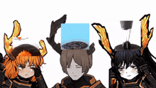 three anime characters are standing next to each other with one holding a blue box on her head