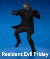 a man in a black coat is dancing on a blue background with the words resident evil friday below him