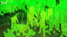 a group of people and two dogs are standing in a room with a green background that says ' as ' on the bottom