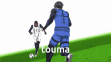 a close up of a person with the word touma written in white