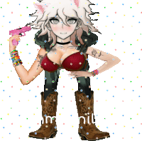 a girl in a bra and cowboy boots holding a gun