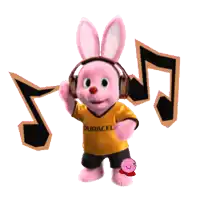a bunny wearing headphones and a duracell shirt