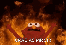 elmo from sesame street is on fire with his arms outstretched .