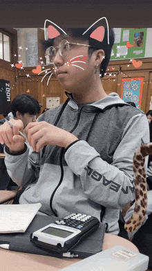 a person wearing an eagle sweatshirt sits at a desk in a classroom