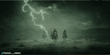 a group of people riding horses in a field with a lightning bolt behind them