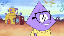 a cartoon character wearing glasses is standing in front of a yellow house