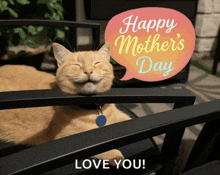 a cat sits on a bench with a happy mother 's day speech bubble above it