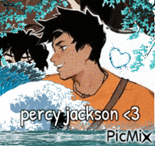 a drawing of percy jackson and a girl in the ocean